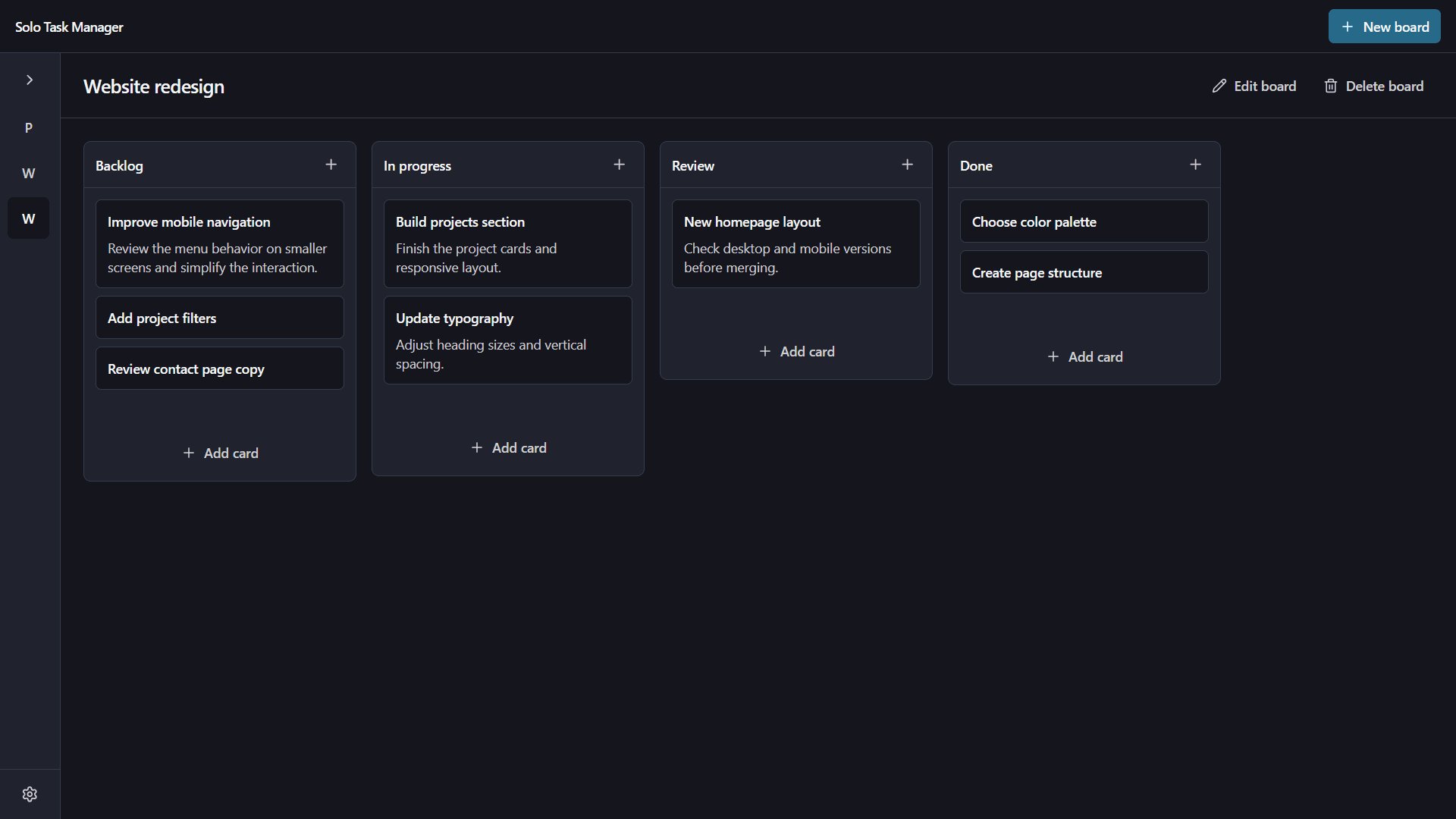 Interface desktop do Solo Task Manager mostrando um quadro Kanban com quatro colunas