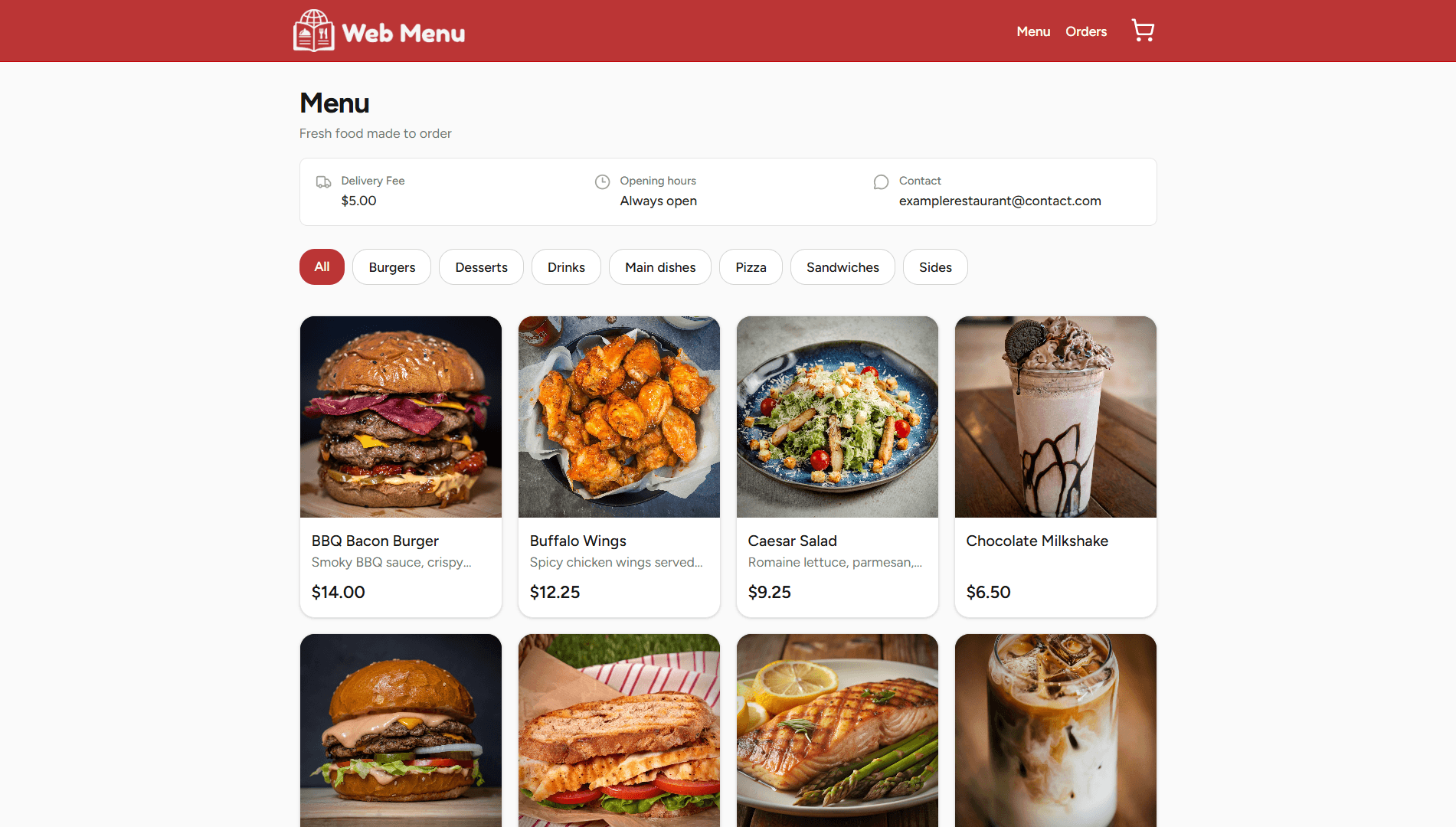 Interface do Web Menu mostrando um cardápio digital com categorias e itens